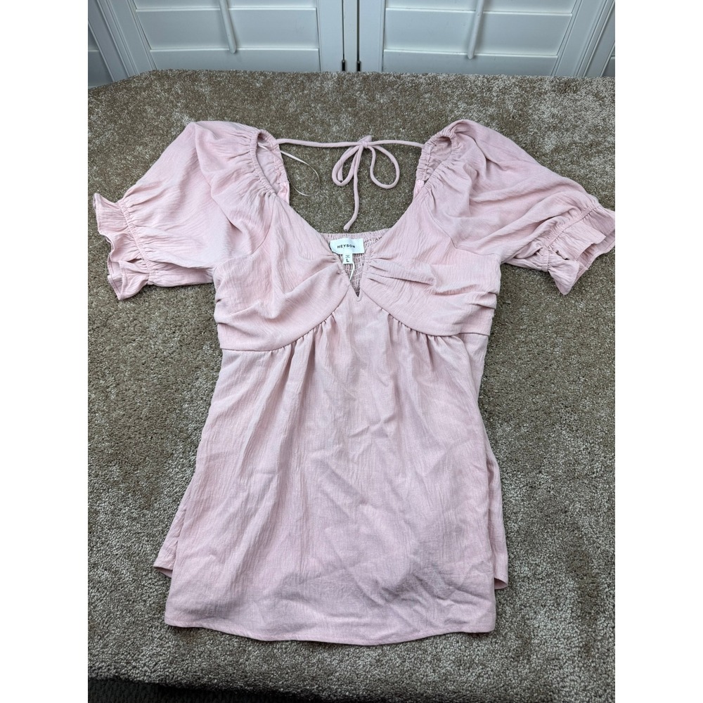 Heyson Pink Lilac Babydoll Puff Sleeve Smocked Top ET1266 Womens Large NWT